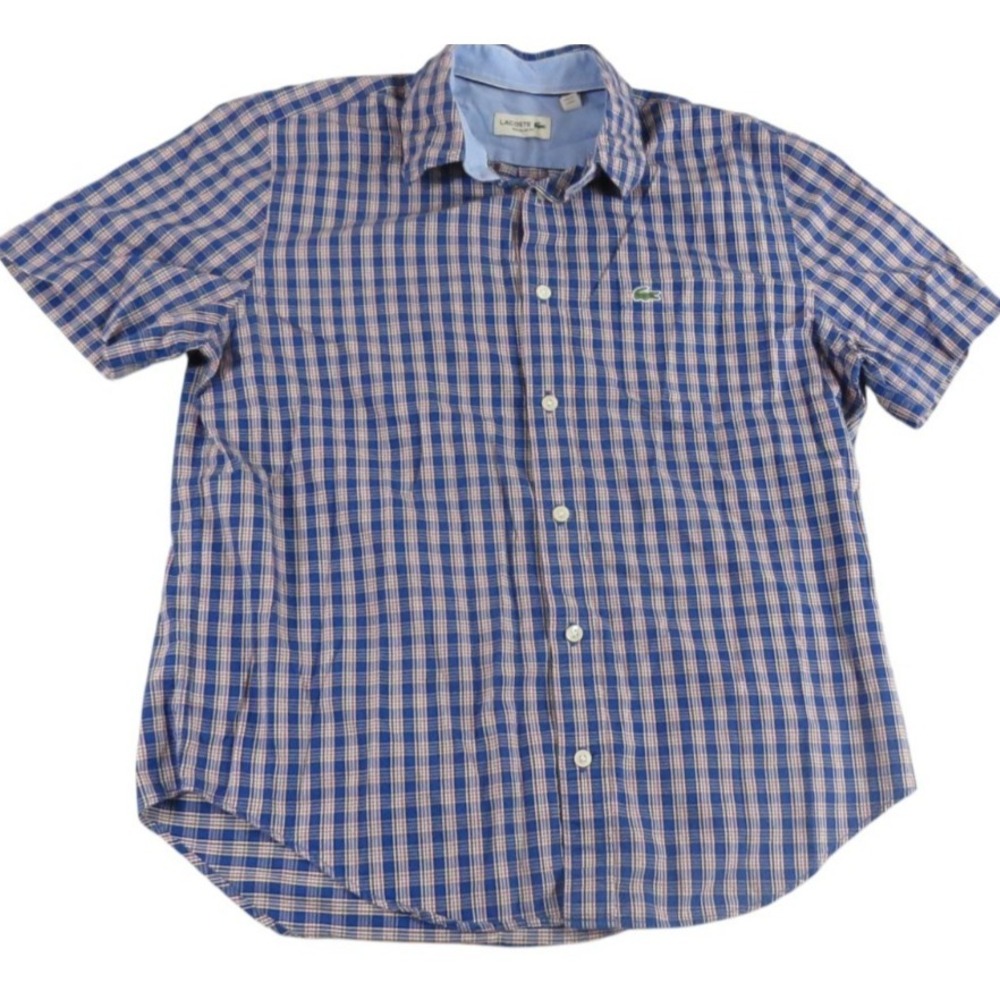 Lacoste Shirt Men M Blue Gingham Check Regular Fit Embroidered Button Down Croc